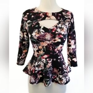 Material Girl Size S  Womens Black Floral 3/4 Sleeve Peplum Basic Top
